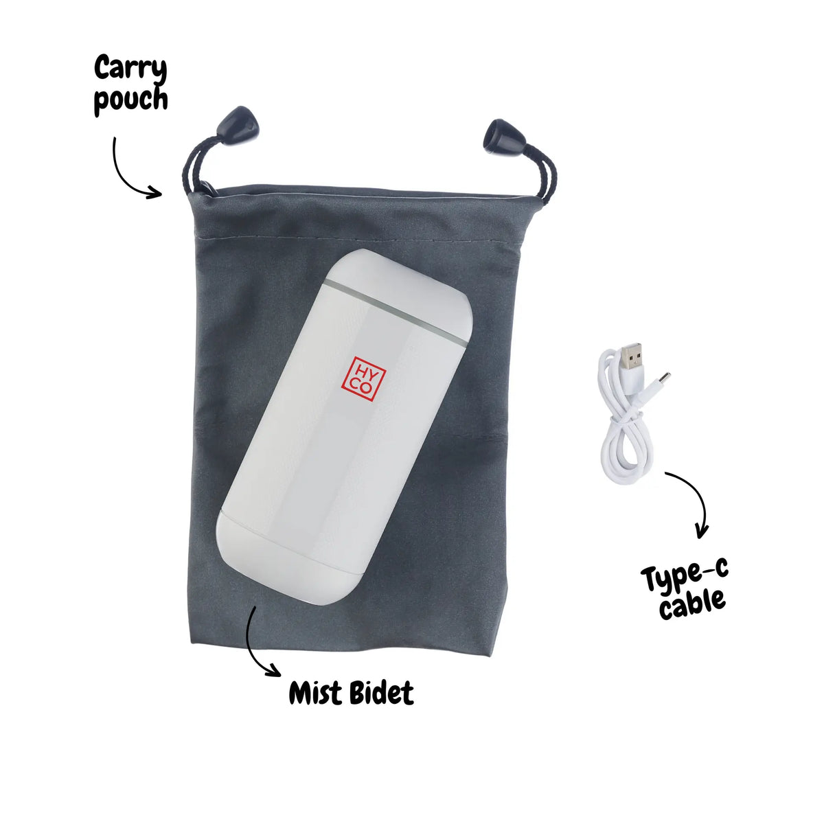 Hygiene Collective Mist portable bidet set with carry pouch and Type-C cable for personal hygiene on the go.