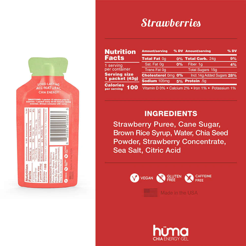 Back view of Huma Chia Energy Gel - Strawberries package showing nutrition facts and ingredients