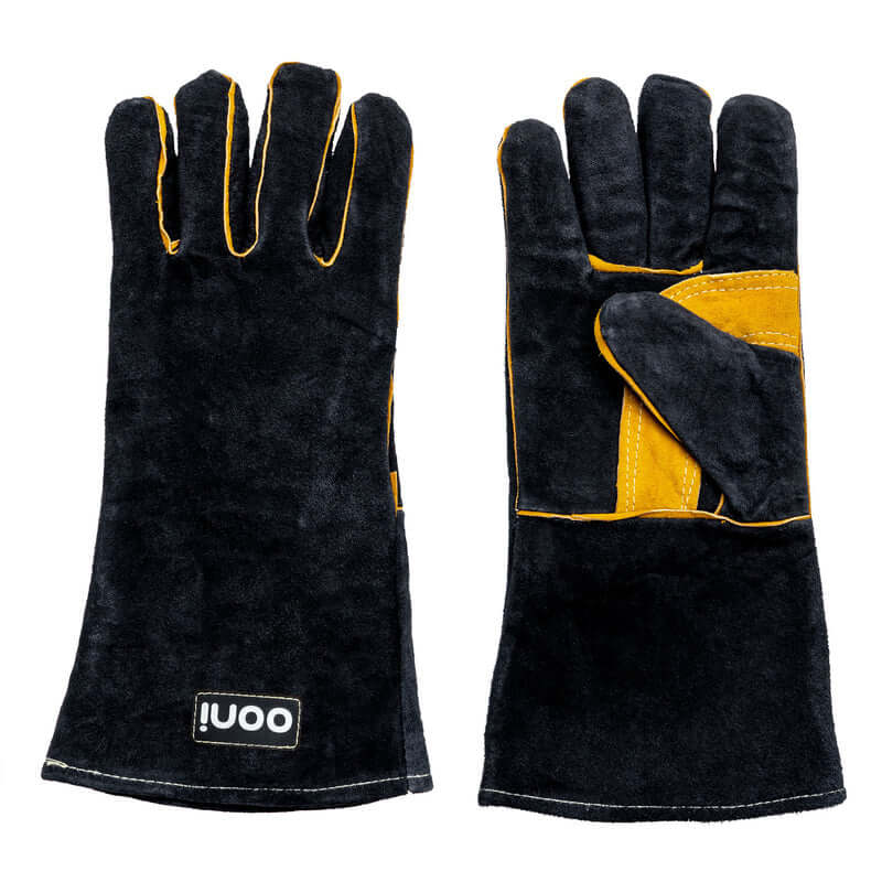 Ooni Pizza Oven Gloves - High heat resistant leather mitts for protection with internal aluminum insulation and soft inner lining.