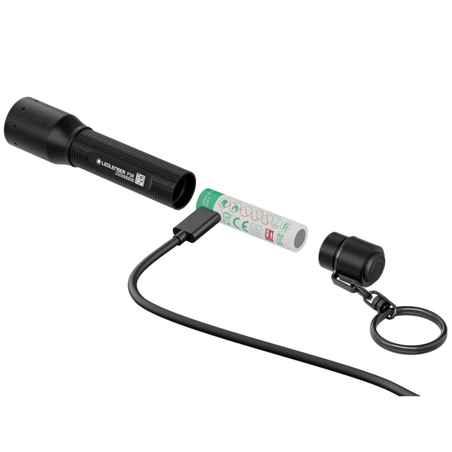 P3R key flashlight showcasing rechargeable battery, USB-C charging, and durable aluminum body design.