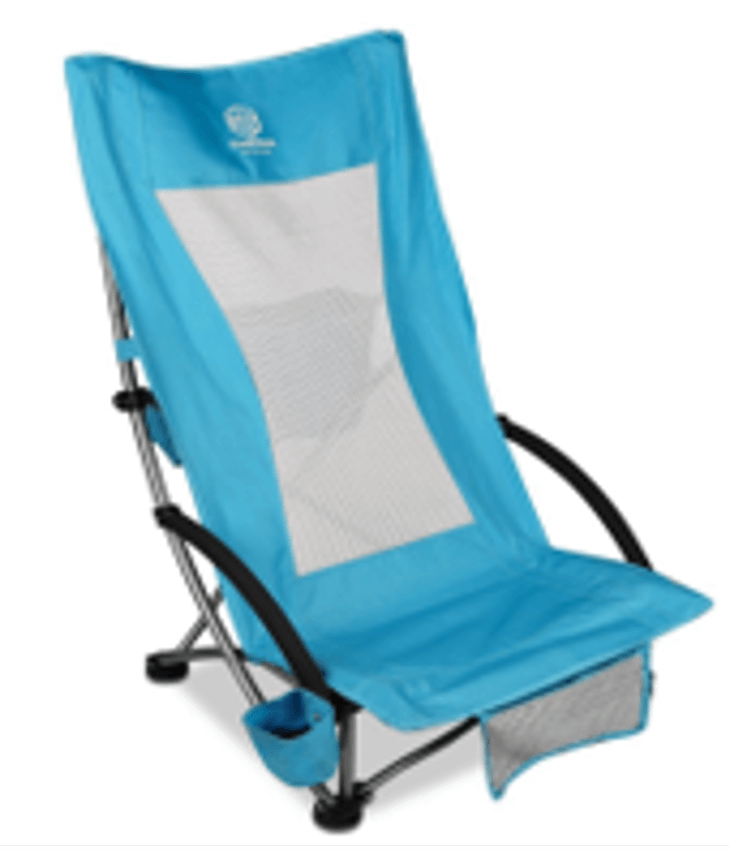 Low Beach Chair in vibrant blue color with breathable mesh backrest for comfort and portability.