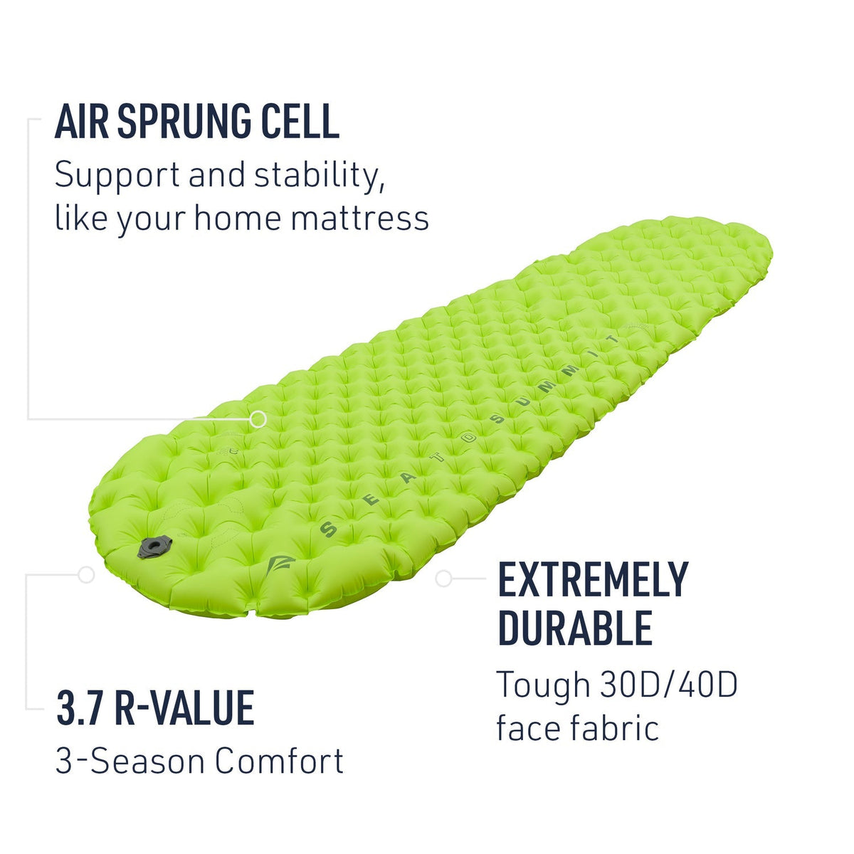 Sea to Summit Comfort Light Insulated Air Sleeping Mat features air sprung cells and 3.7 R-value for 3-season durability.