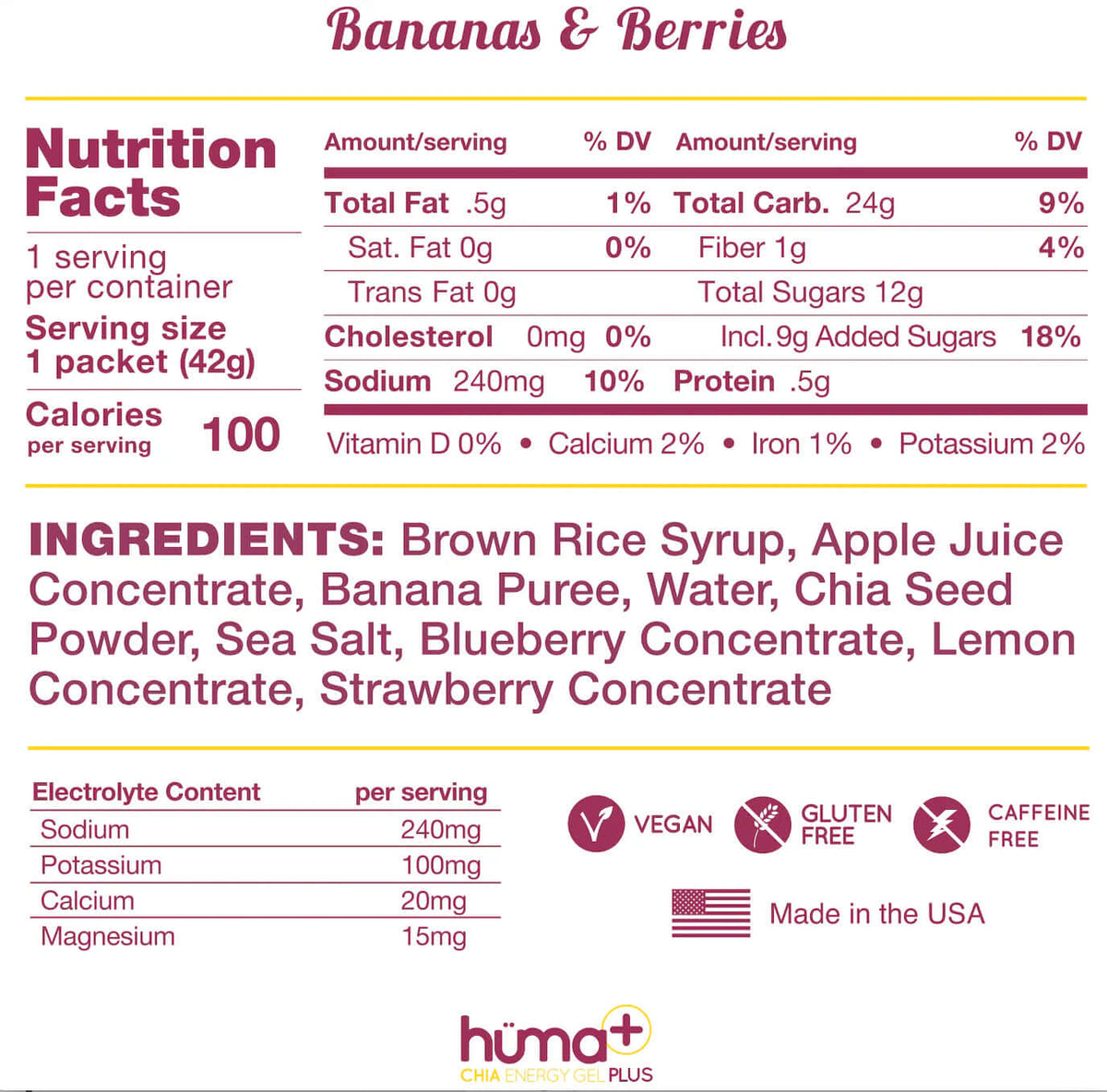 Huma Chia Energy Gel Plus - Bananas & Berries nutritional facts