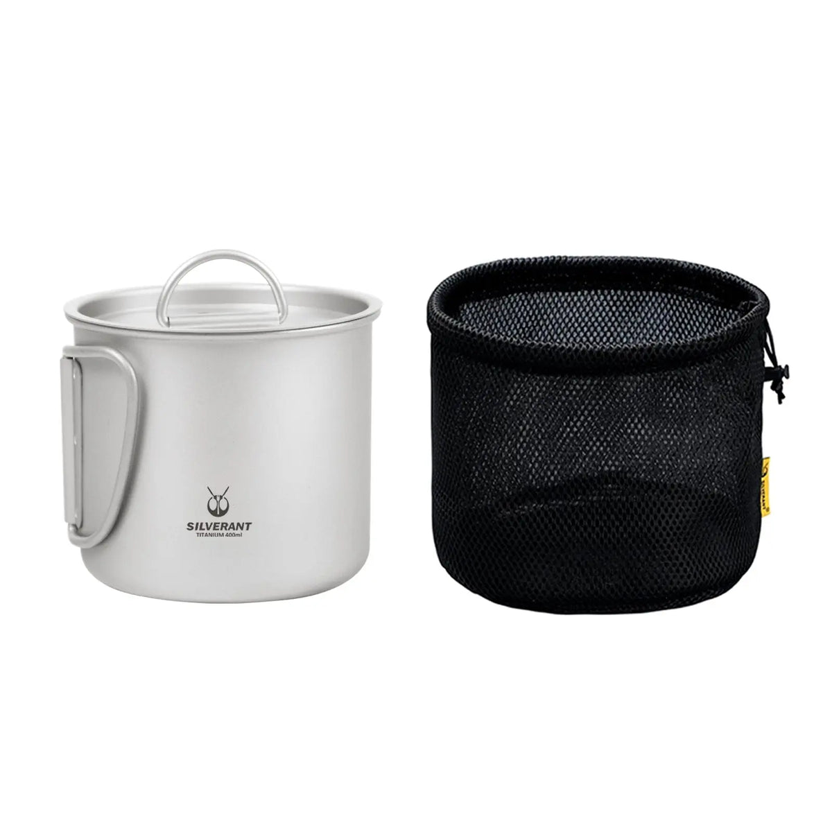 SilverAnt Ultralight Titanium Cup with Lid packed in its drawstring mesh bag