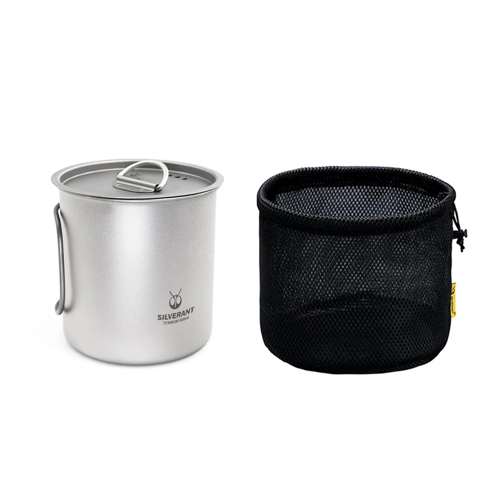 SilverAnt Ultralight Titanium Cup with Lid for outdoor adventures, essential camping gear with mesh carrying case