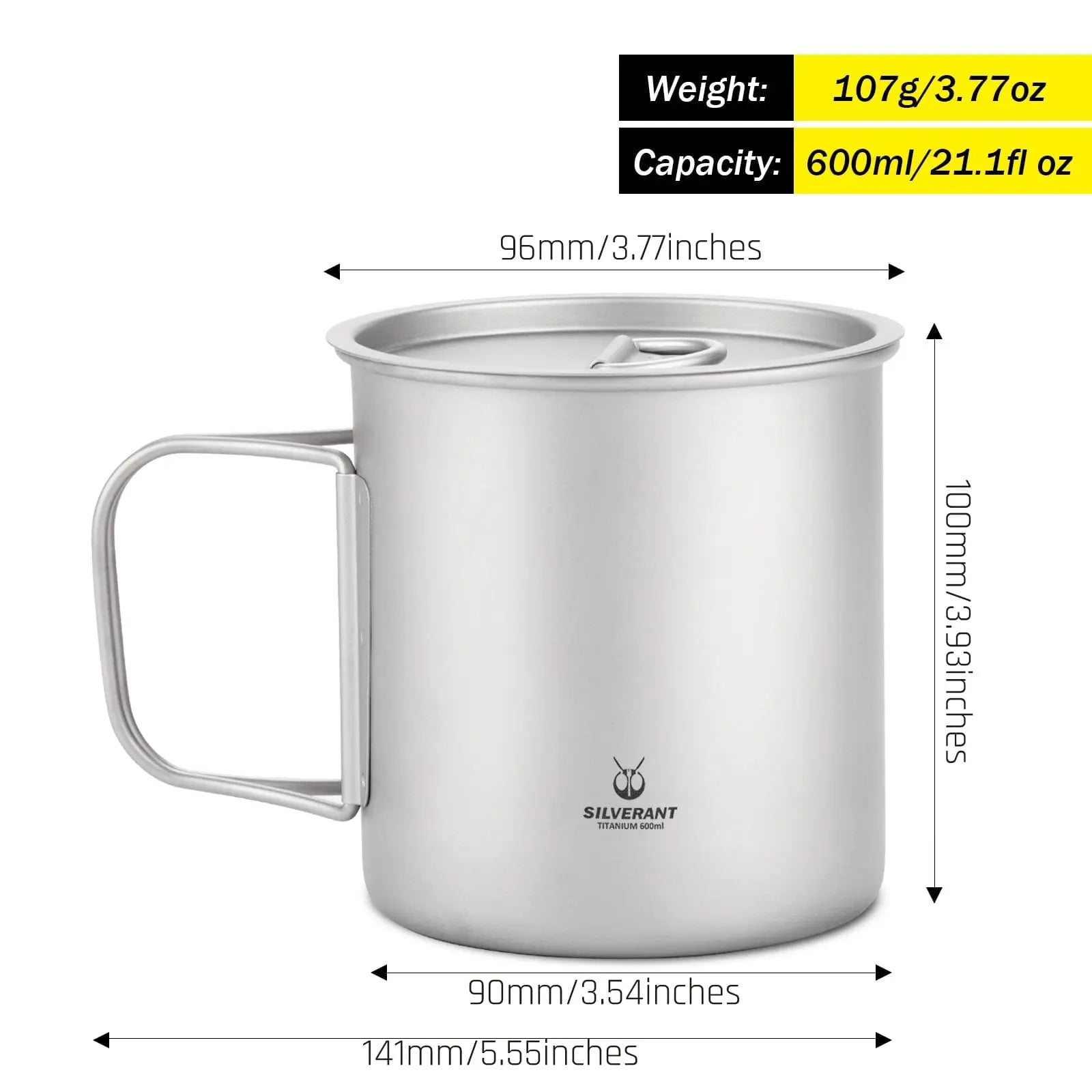 SilverAnt Ultralight Titanium Cup with Lid, 600ml capacity, ultralight and durable for outdoor adventures, product dimensions displayed