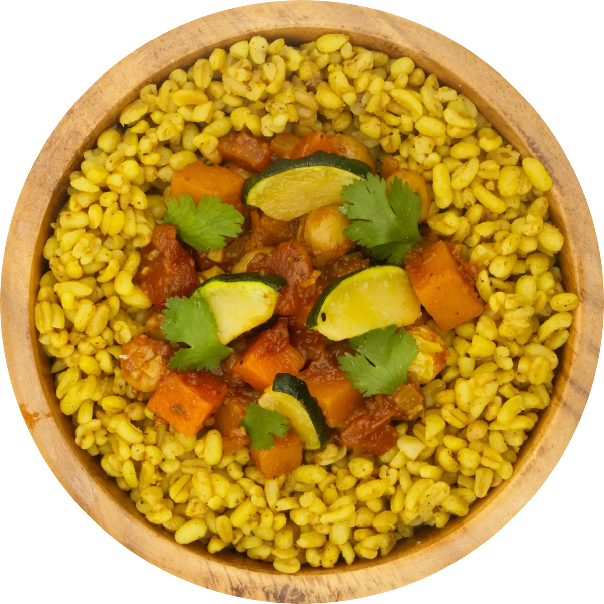 Dine Out Meals Vegetable Tagine with Bulgur Wheat featuring chickpeas, zucchini, butternut squash, and green beans in a spiced sauce.