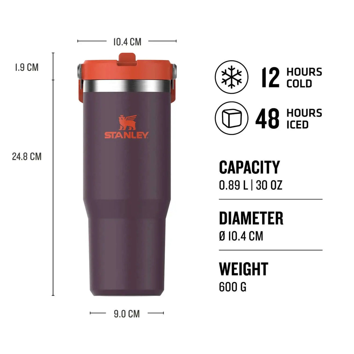 Stanley Classic IceFlow Flip Straw Tumbler - 30 oz / 890 ml with dimensions and insulation features