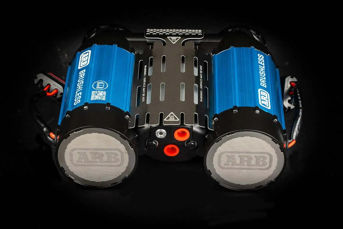 ARB Brushless Twin Motor Onboard 12V Air Compressor for off-road use, featuring twin brushless motors and active cooling fans.