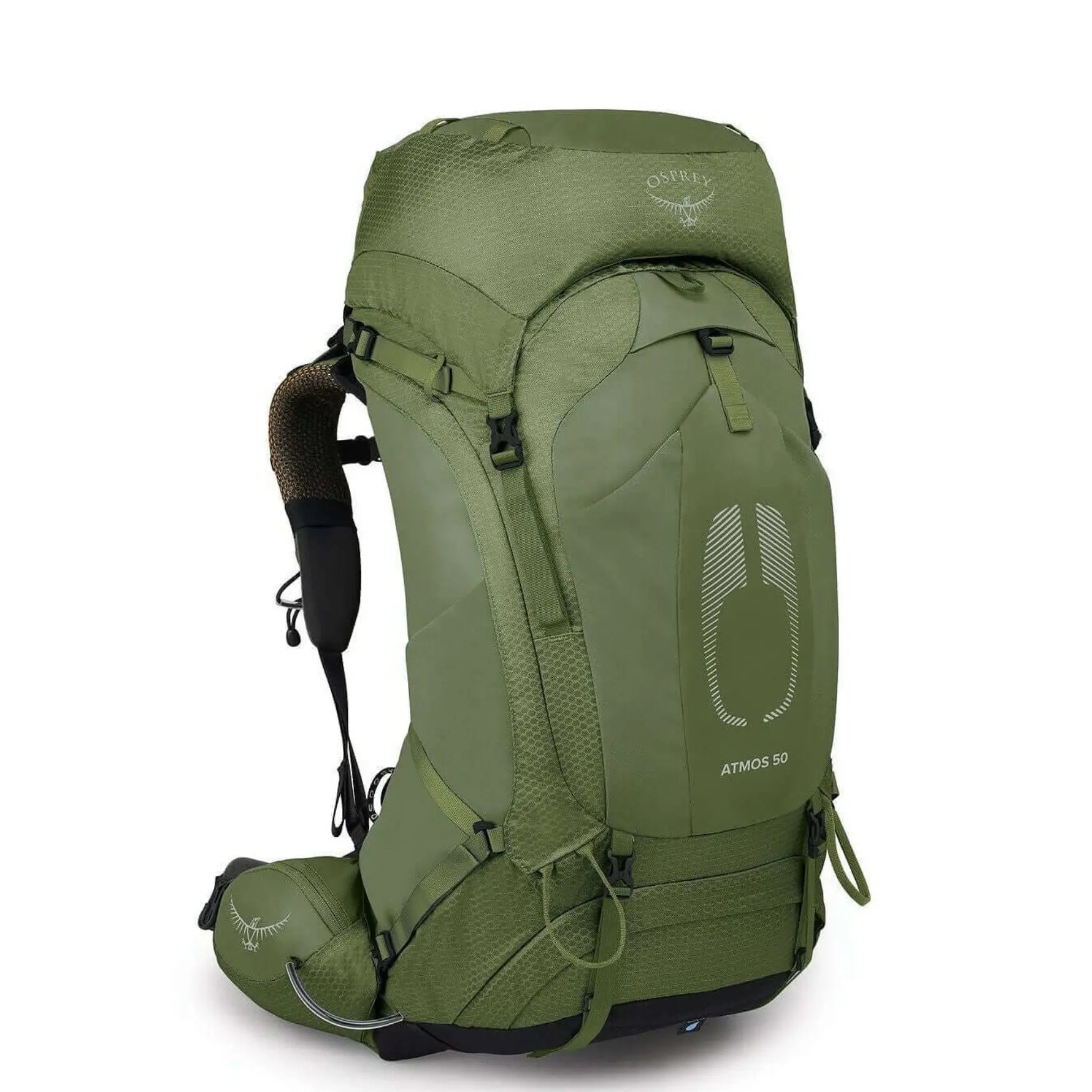 Osprey Atmos AG 50 - Men backpack for weekend trips, featuring AntiGravity suspension and superior ventilation in green color.