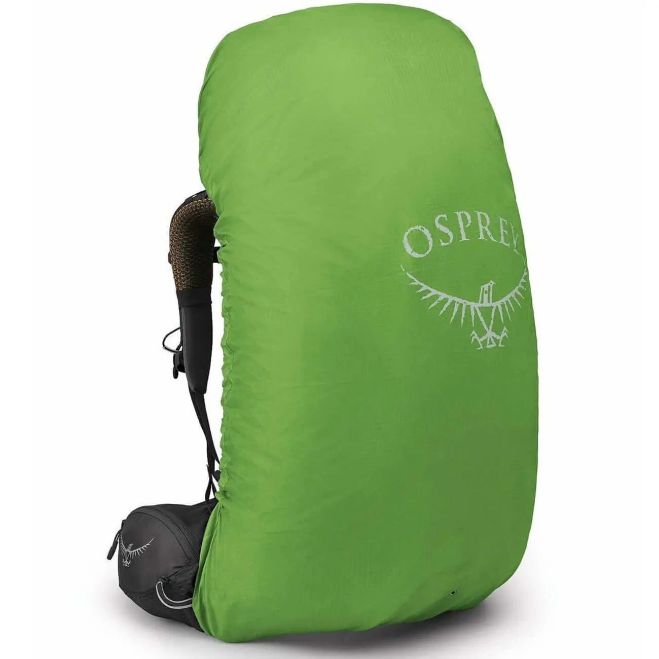 Osprey Atmos AG 65 - Men backpack with green rain cover, featuring AntiGravity suspension for comfort and ventilation.