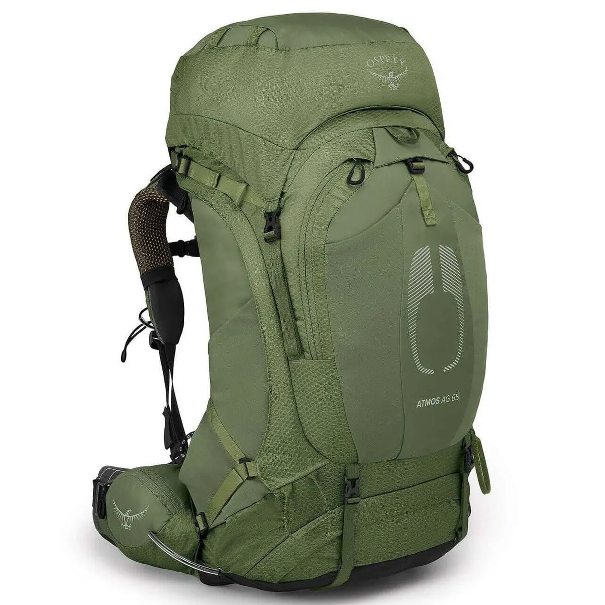 Osprey Atmos AG 65 - Men backpack in green, designed for comfort and ventilation with AntiGravity suspension for backpacking trips.