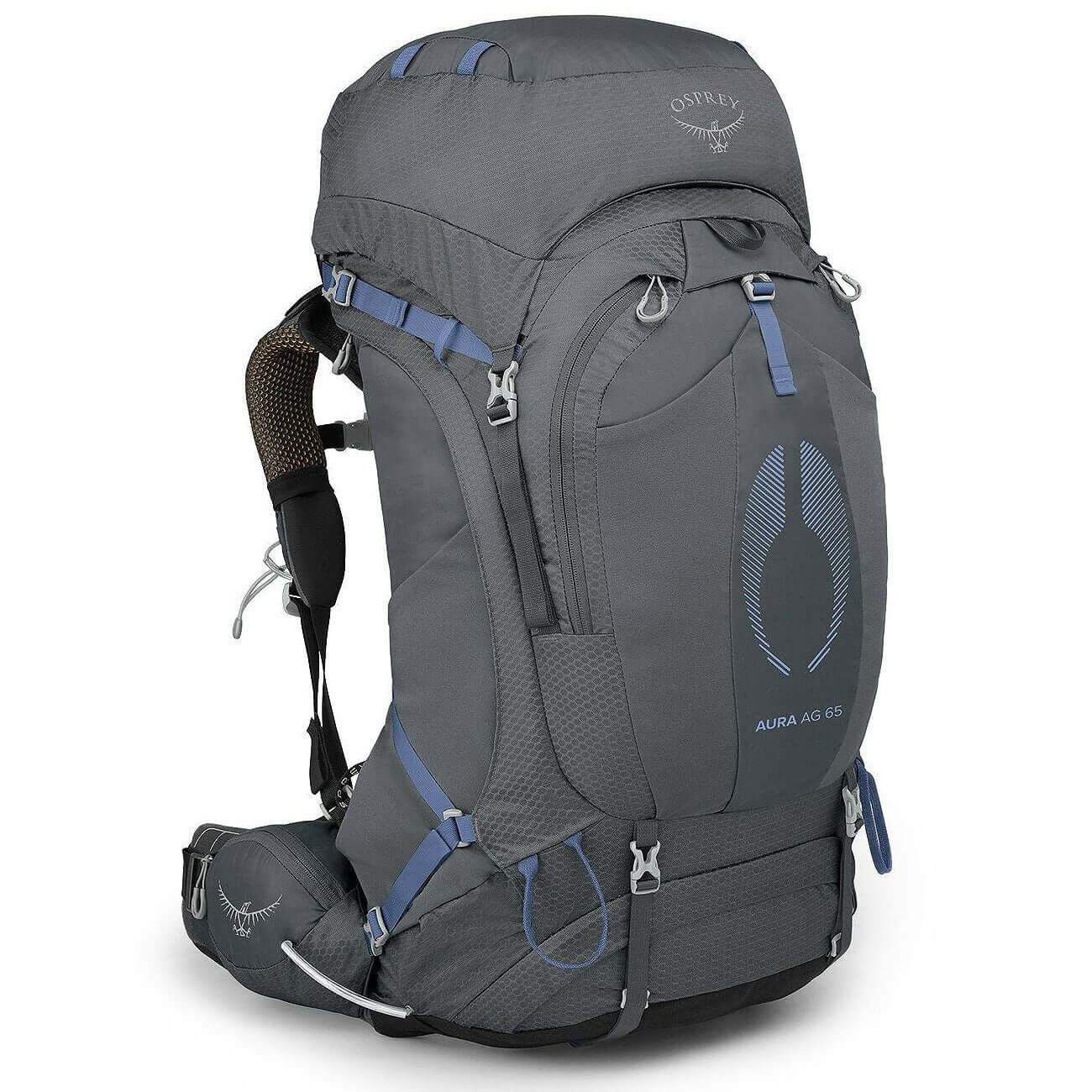 Osprey Aura AG 65 - Women backpack with innovative suspension and harness for comfort and ventilation in gray color.