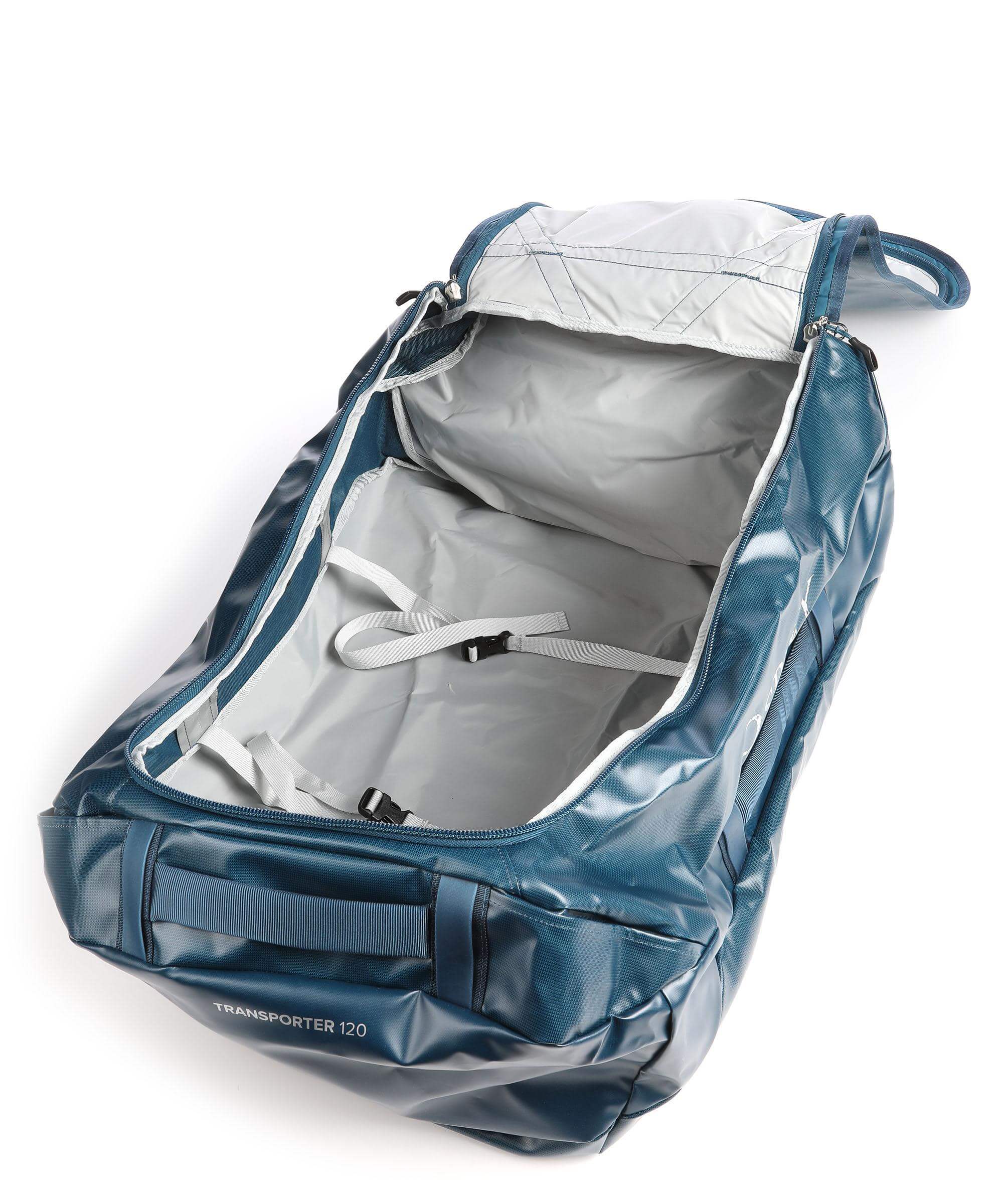 Osprey Transporter Duffel 120 open view, showcasing rugged, weather-resistant design and spacious interior for heavy gear travel.