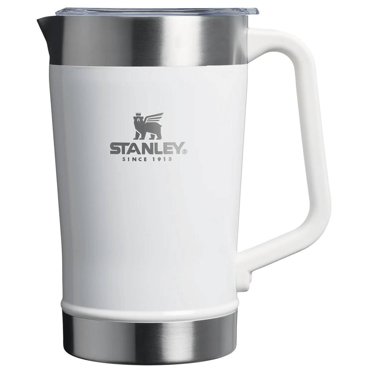 Classic Stay Chill Beer Pitcher - 64 oz / 1.9 L in white stainless steel with handle for easy serving.