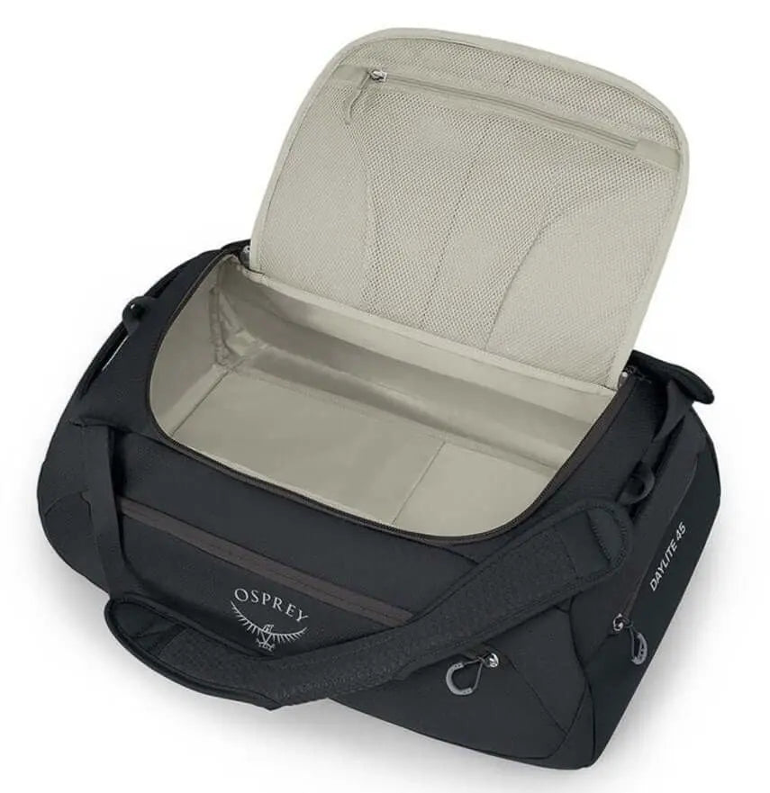Osprey Daylite Duffel 45 with open compartment, versatile carry options, and padded bottom for protection.