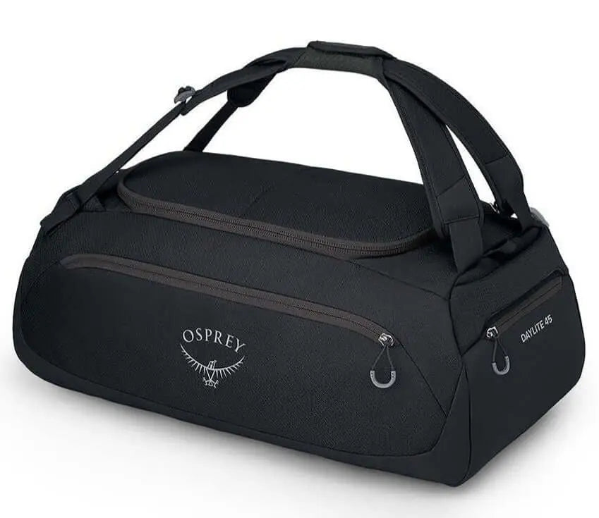 Osprey Daylite Duffel 45 - versatile gym, travel, or work bag with backpack and shoulder options, padded bottom, easy access pockets.