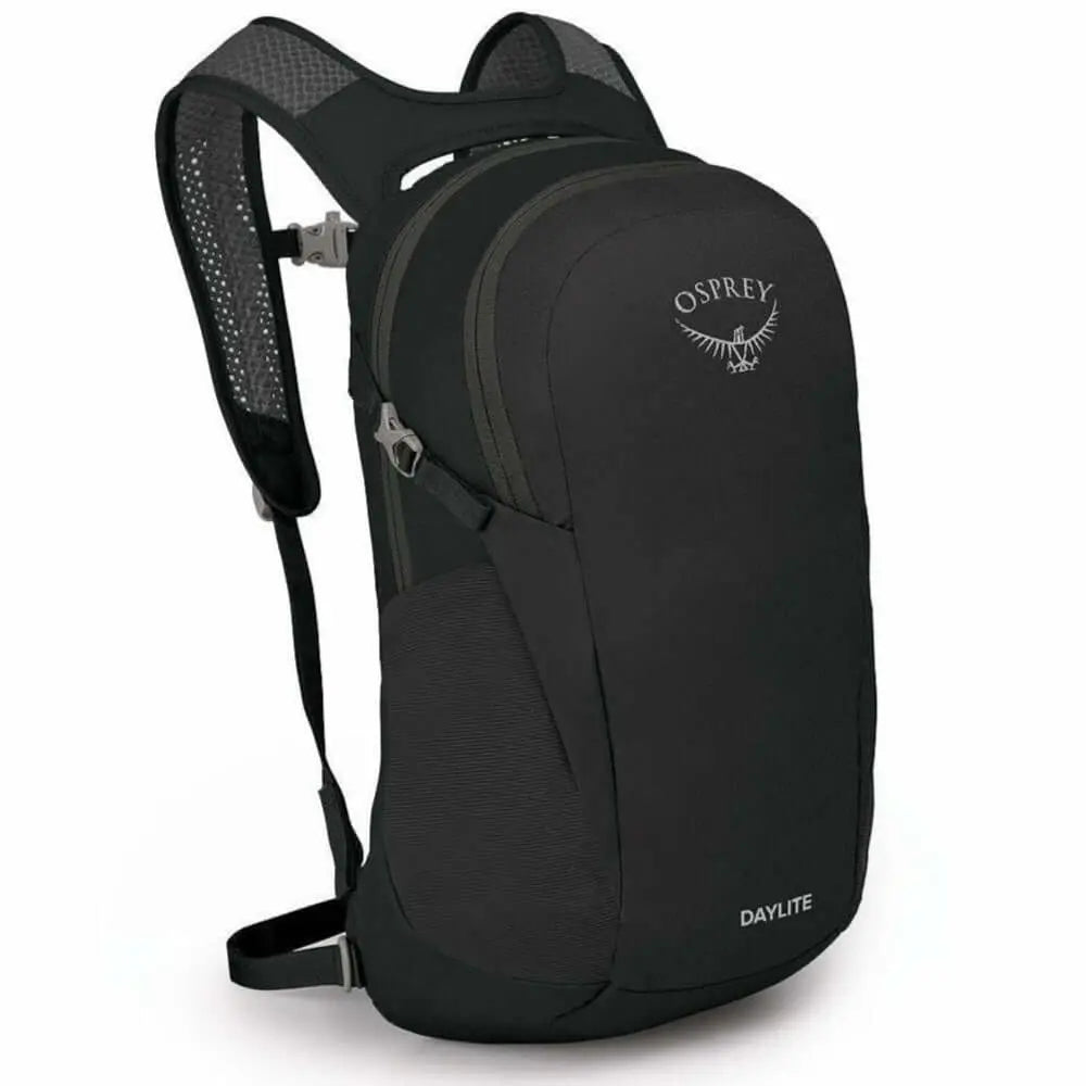 Osprey Daylite backpack in black, durable and lightweight for hiking and travel, made from recycled materials.