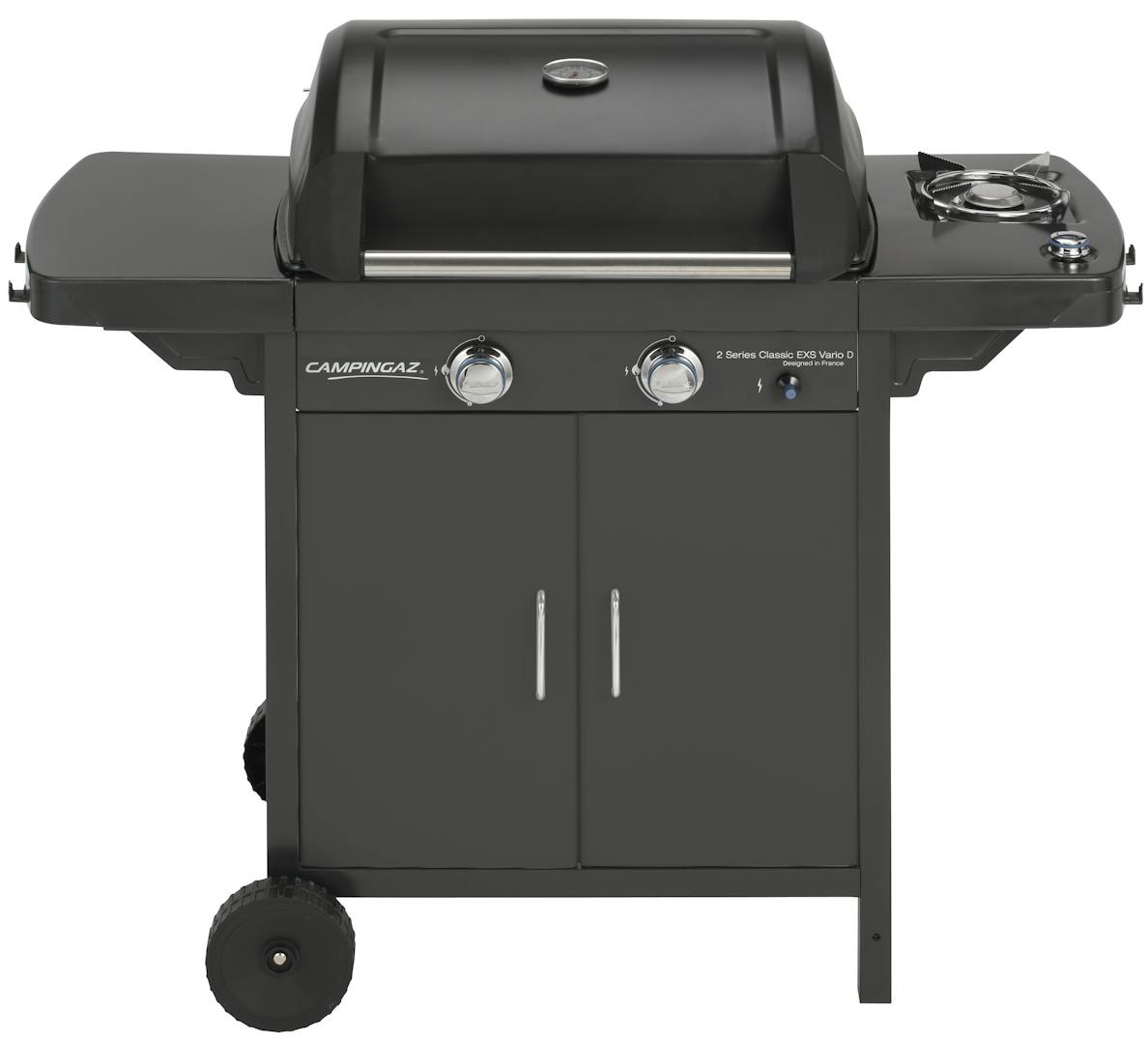 Campingaz 2 Series EXS Vario D Gas Grill with dual burners and side table for outdoor cooking.