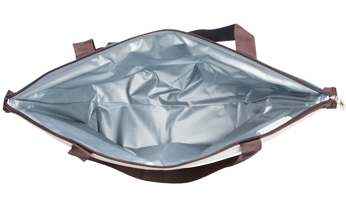 Open Campingaz Ethnic Shopping 15L Soft Cooler Bag showing interior and handles