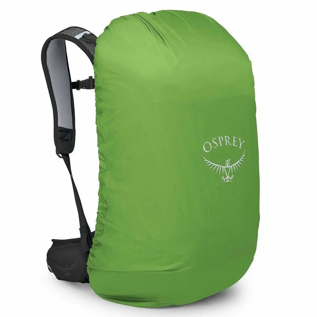 Osprey Hikelite 32 - Black backpack with AirSpeed ventilation and padded hipbelt for hiking, featuring a green rain cover.