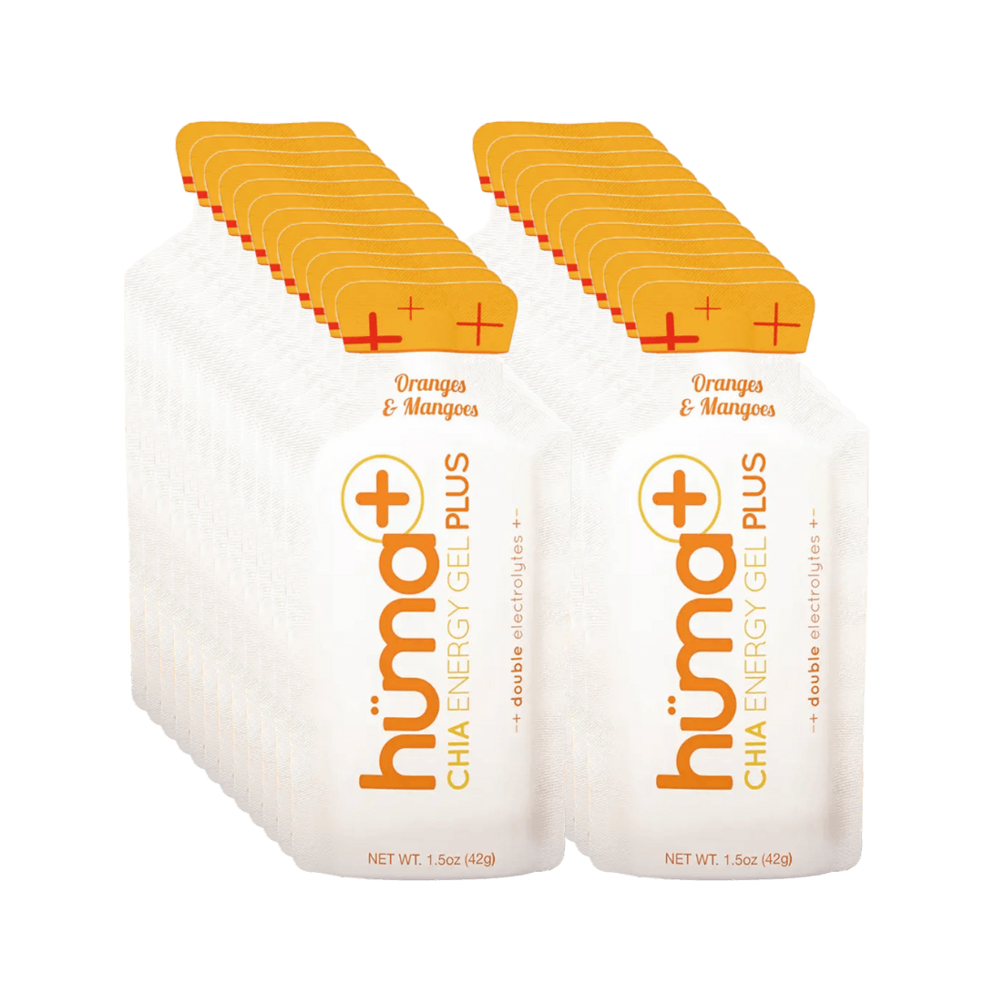 Huma Chia Energy Gel Plus - Orange & Mango pack, ideal for outdoor activities in the UAE, 42g sachets with double electrolytes.