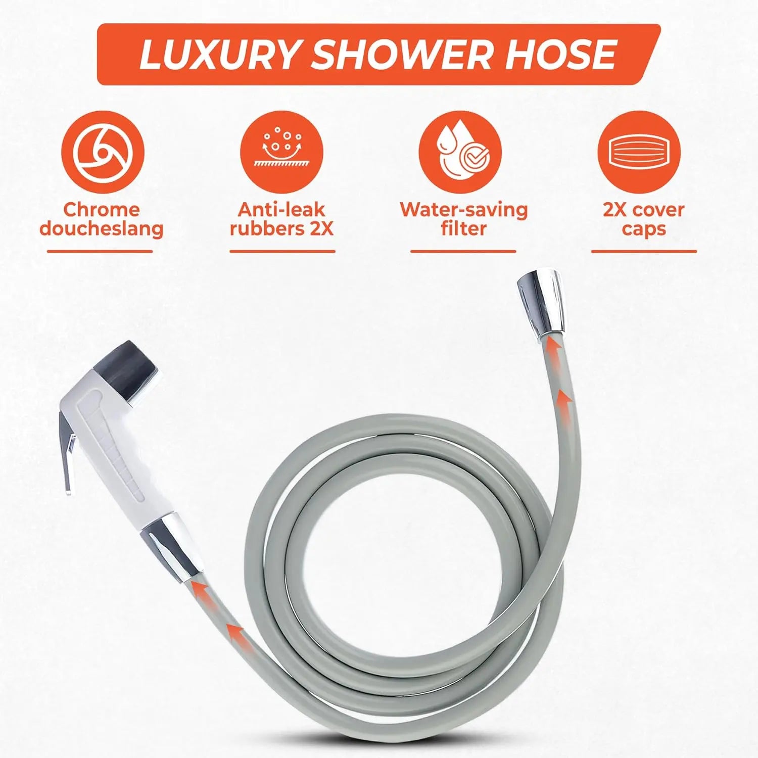Luxury shower hose with chrome finish, anti-leak rubbers, and water-saving filter; ideal accessory for Hygiene Collective Jet portable bidet.