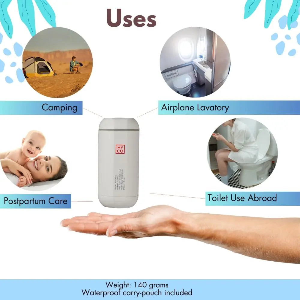 Hygiene Collective Mist portable bidet shown with various uses: camping, airplane lavatory, postpartum care, and toilet use abroad.
