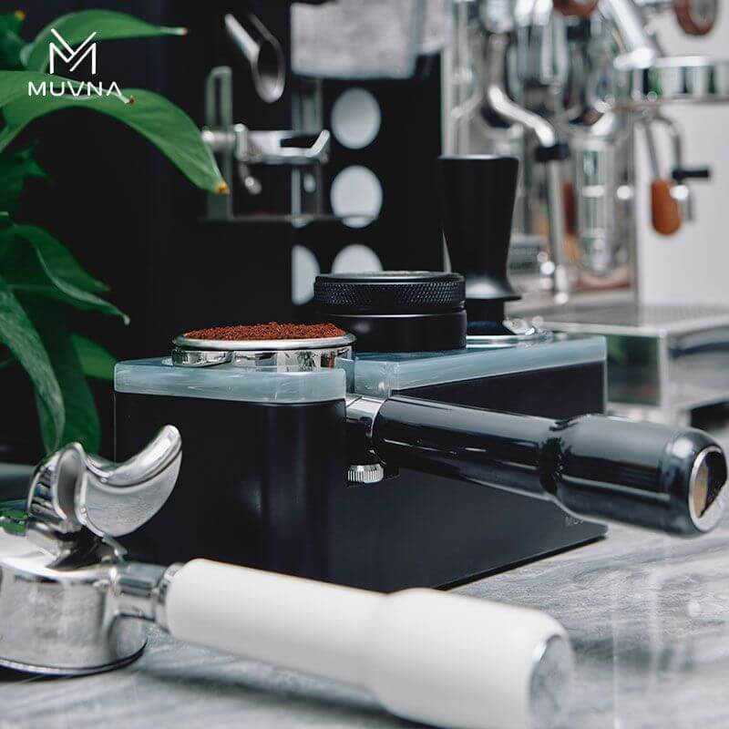 Muvna E61 Double Spout Portafilter - 58mm on a modern kitchen counter