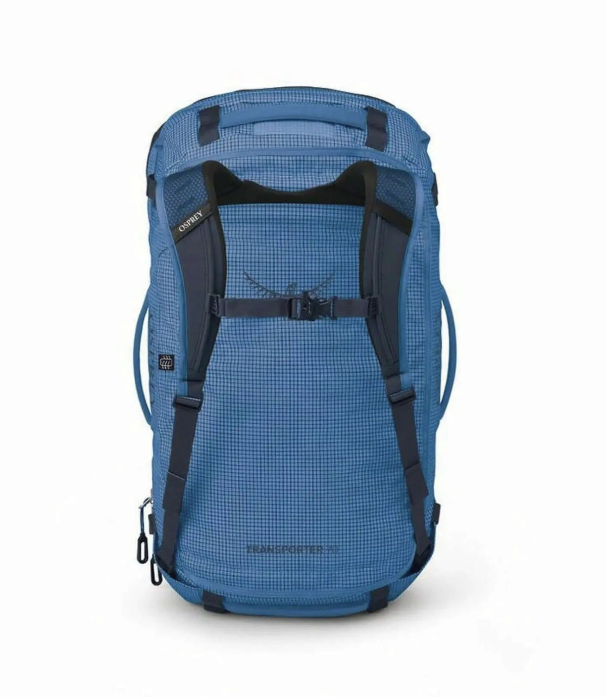 Osprey Transporter Squffel 70 Adventure Duffel Bag in blue, showing rugged design and front compression straps for travel.