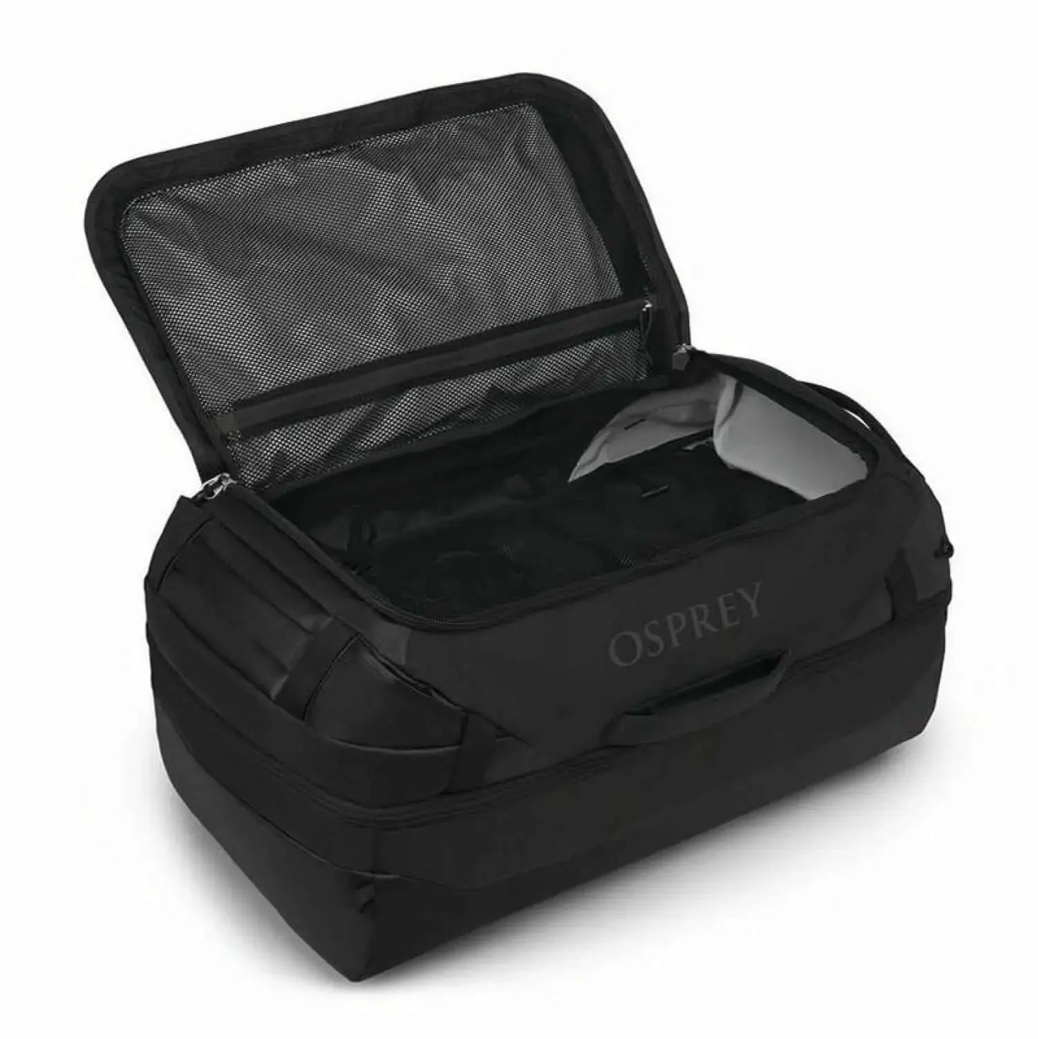 Osprey Transporter Squffel 70 Adventure Duffel Bag with open compartments showcasing rugged design for gear organization.
