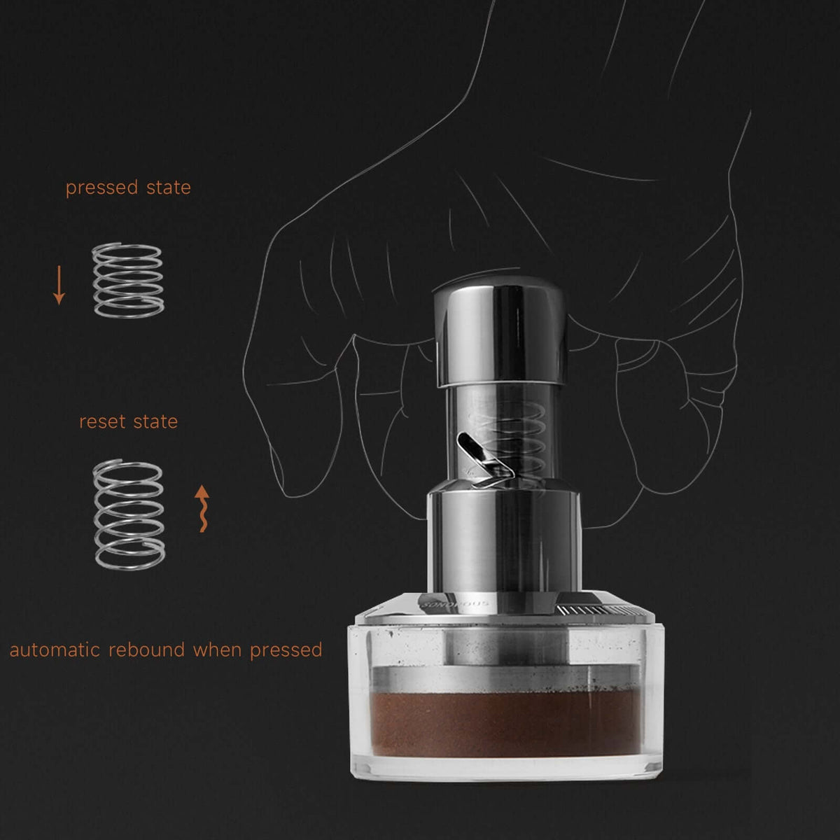 Muvna Sonorous Tamper demonstrating pressed and reset states, highlighting automatic rebound for perfect espresso tamping.