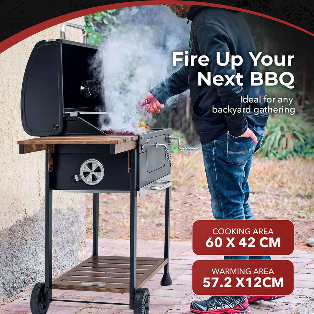 Front view of the Royal Gourmet 24-Inch Charcoal Grill and BBQ Smoker showing the steel cooking grates and side shelves.