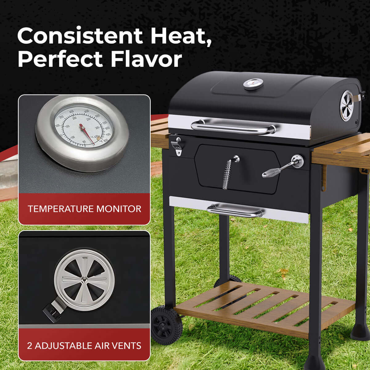 Front view of the Royal Gourmet 24-Inch Charcoal Grill and BBQ Smoker showing the steel cooking grates and side shelves.