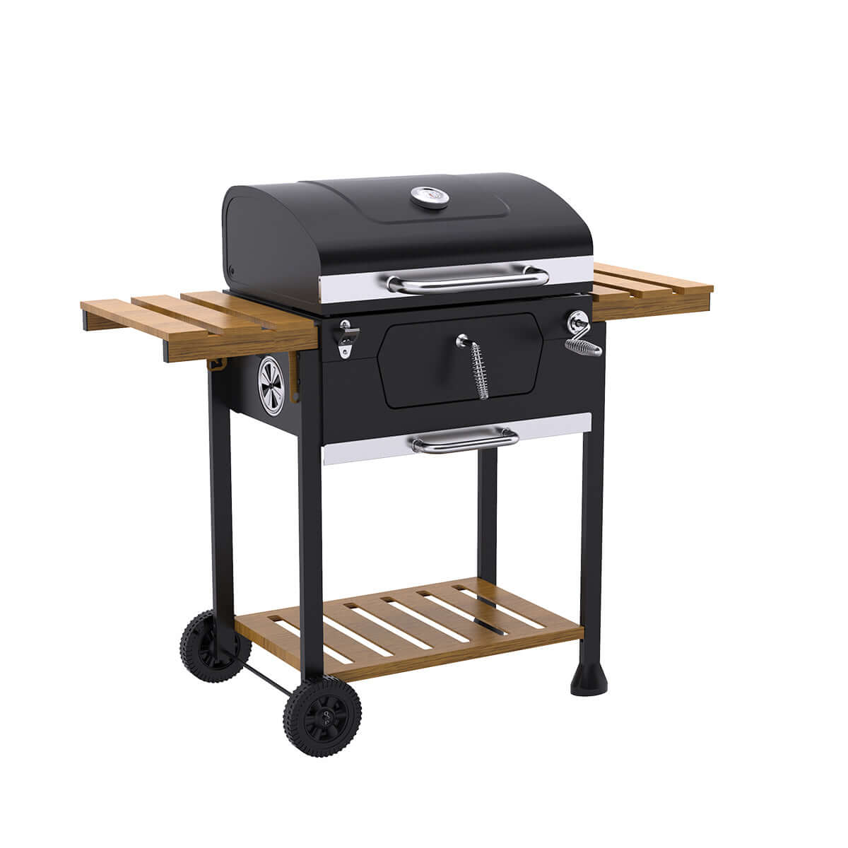 Front view of the Royal Gourmet 24-Inch Charcoal Grill and BBQ Smoker showing the steel cooking grates and side shelves.
