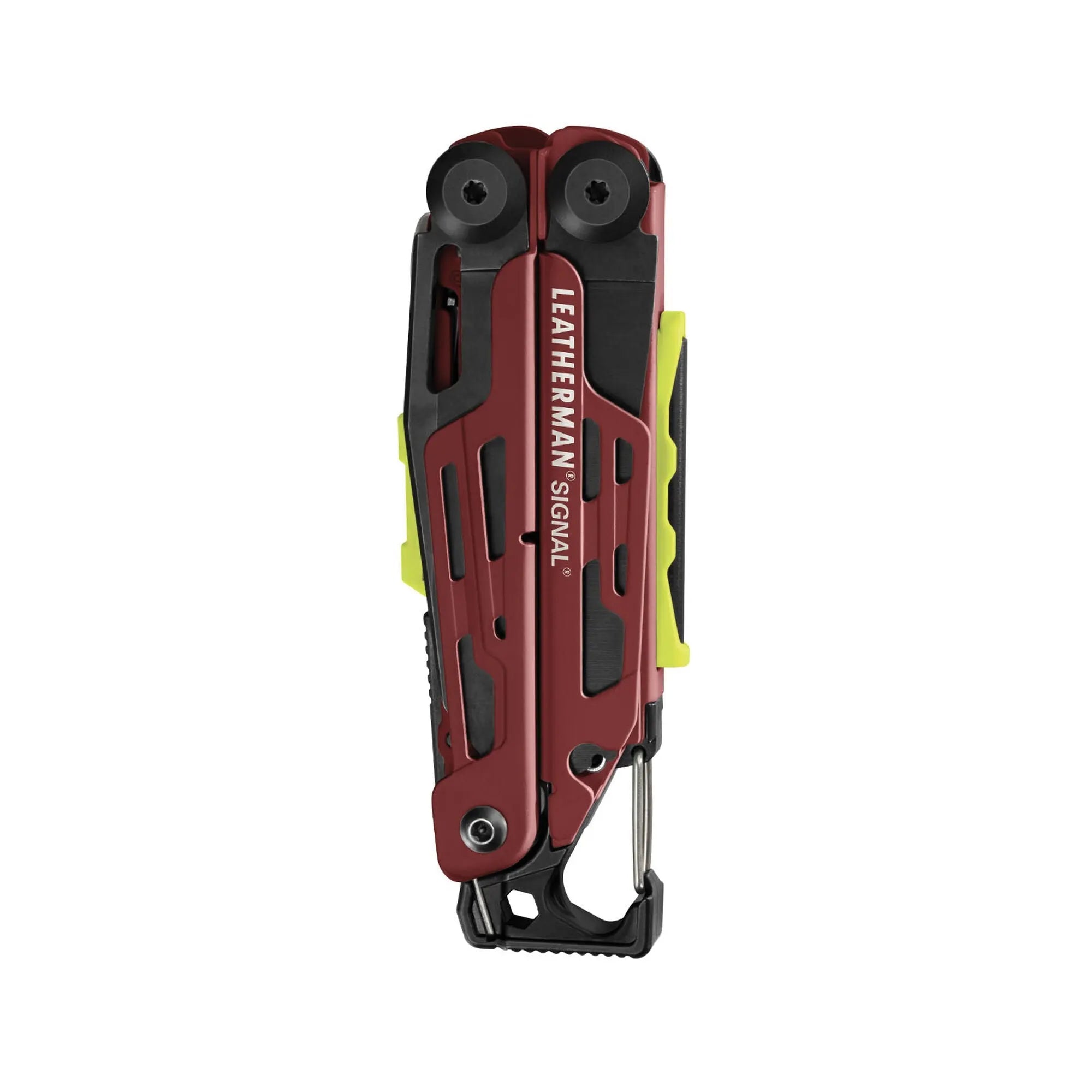 Leatherman Signal multi-tool with display box, featuring 19 essential tools for survival in rugged terrains, shown closed front view.