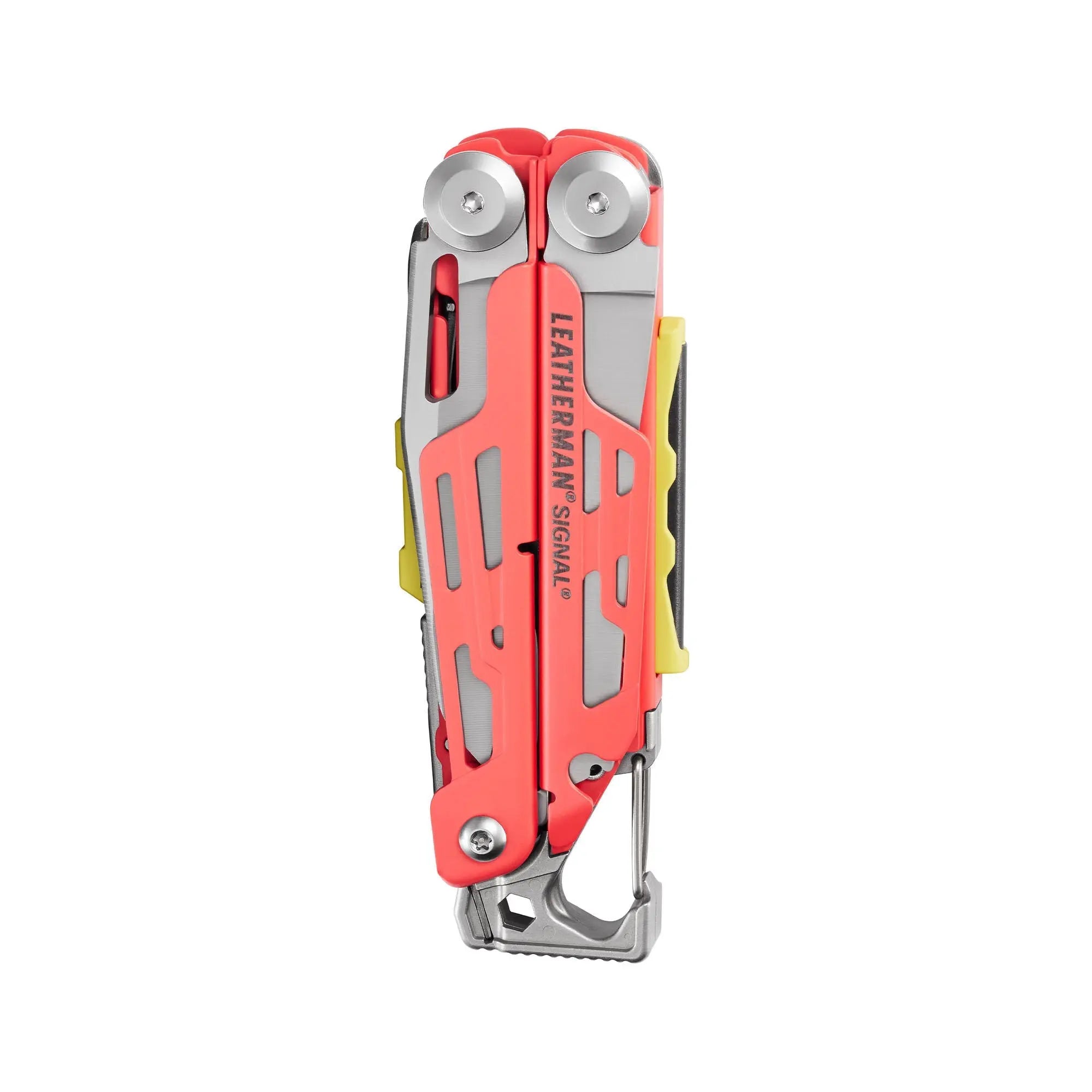 Leatherman Signal multi-tool in vibrant colors, survival tool with 19 features, ideal for exploring rugged terrains, displayed in a box.