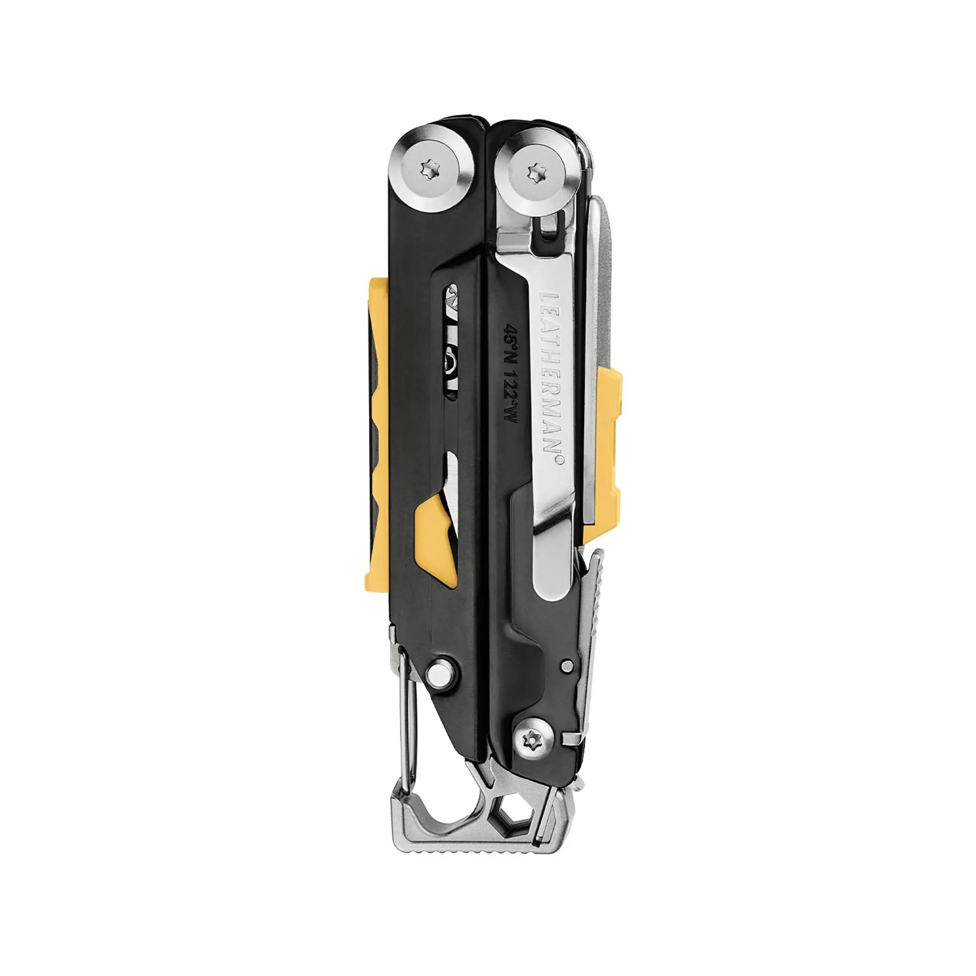 Leatherman Signal Multi-Tool in a display box, designed for survival with 19 essential tools, shown closed and compact in black and yellow.