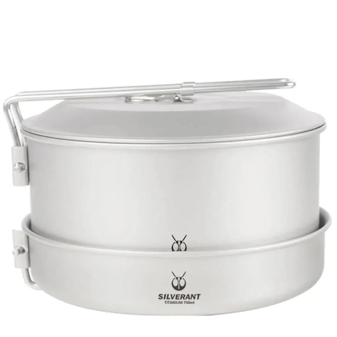 SilverAnt Titanium Camping Cookware Set fully assembled with frying pan, pot, and lid
