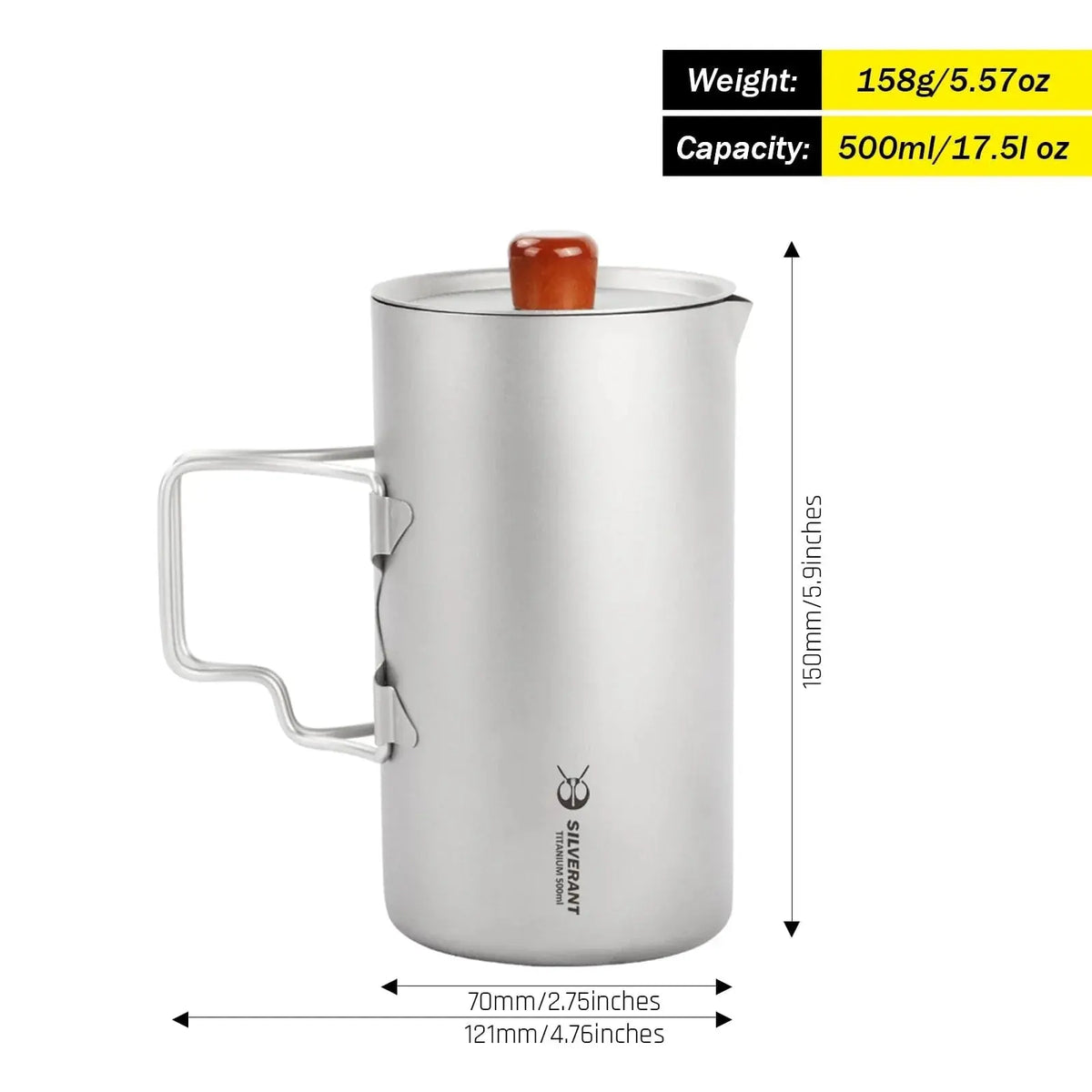 SilverAnt Ultralight Titanium Coffee French Press - 500ml capacity, durable design for outdoor adventures.
