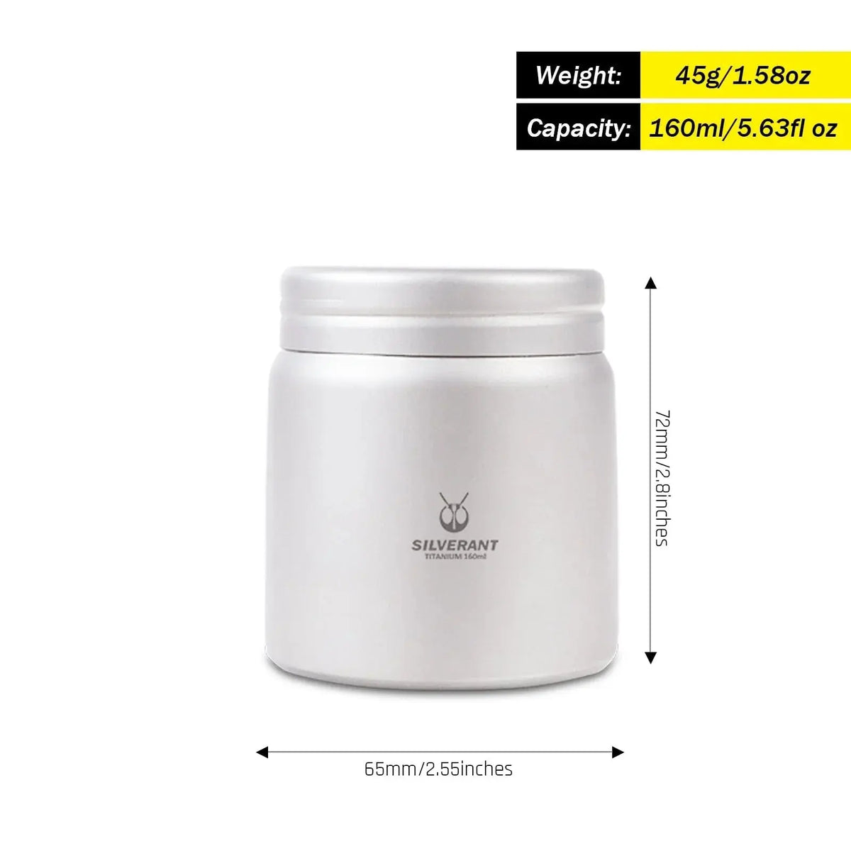 SilverAnt Titanium Container - Ultralight sandblasted EDC storage; dimensions: 72mm height, 65mm diameter; weight: 45g; capacity: 160ml.