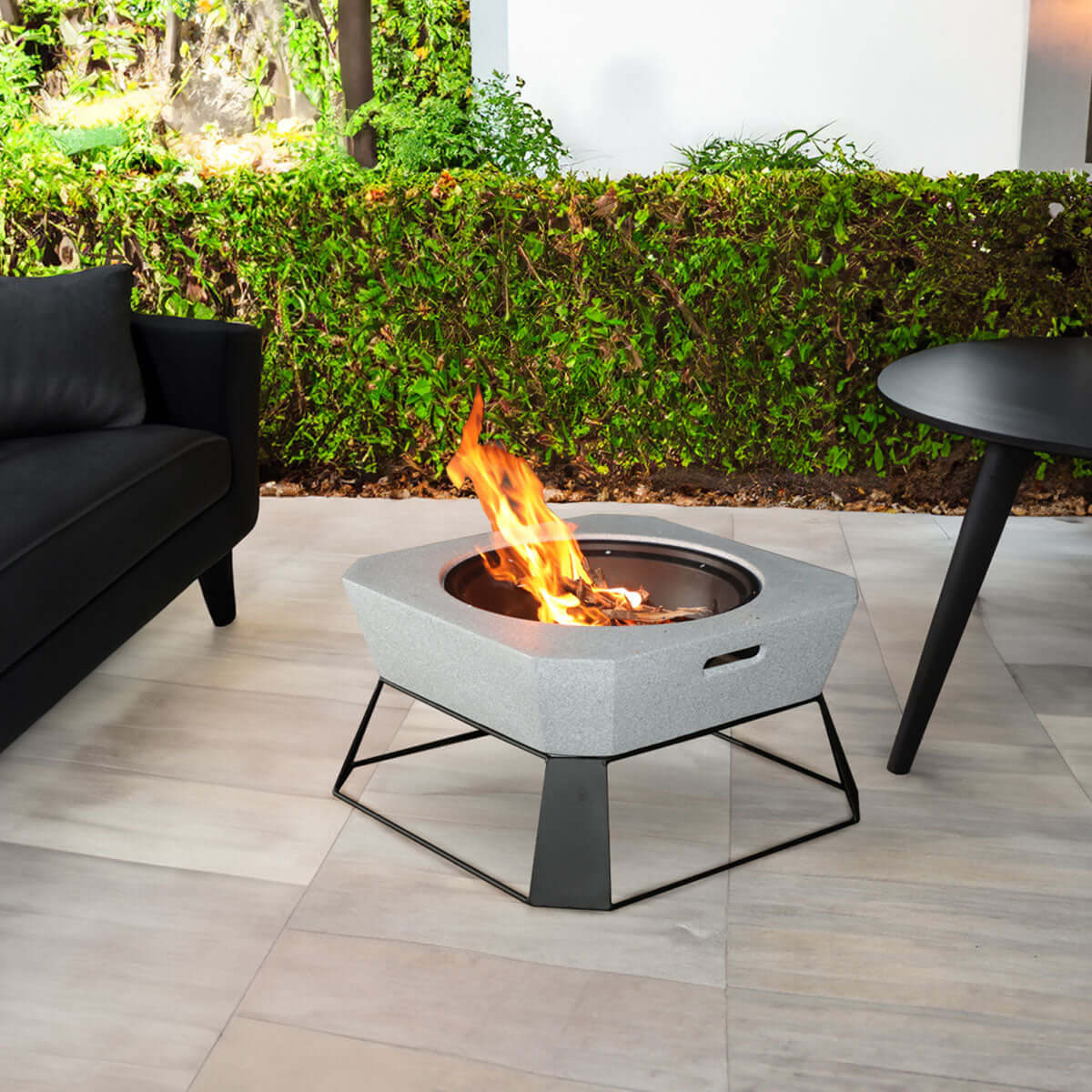MGO Square Fire Pit burning logs safely at a desert campsite