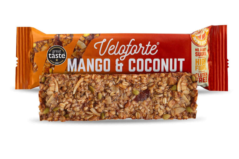Unwrapped Veloforte Mango & Coconut Oat Snack Bar showing coconut and oats