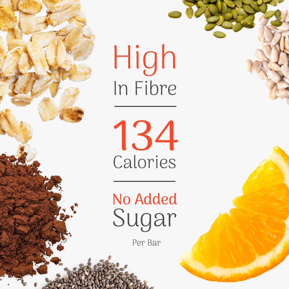 Veloforte Orange and Cacao Oat Snack Bar ingredients with text highlighting high fiber and no added sugar