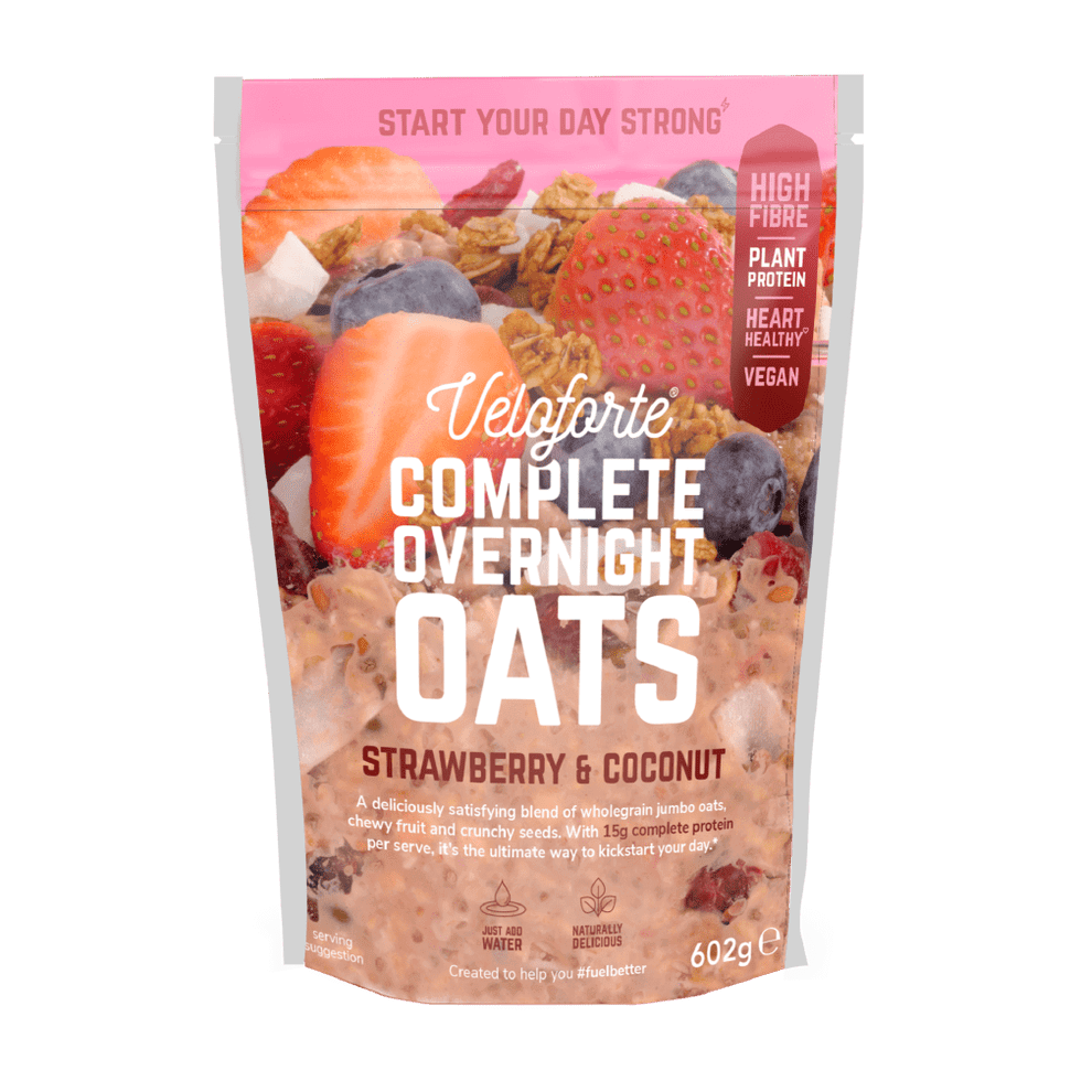 Veloforte Strawberry & Coconut Complete Overnight Oats 602g bag front packaging