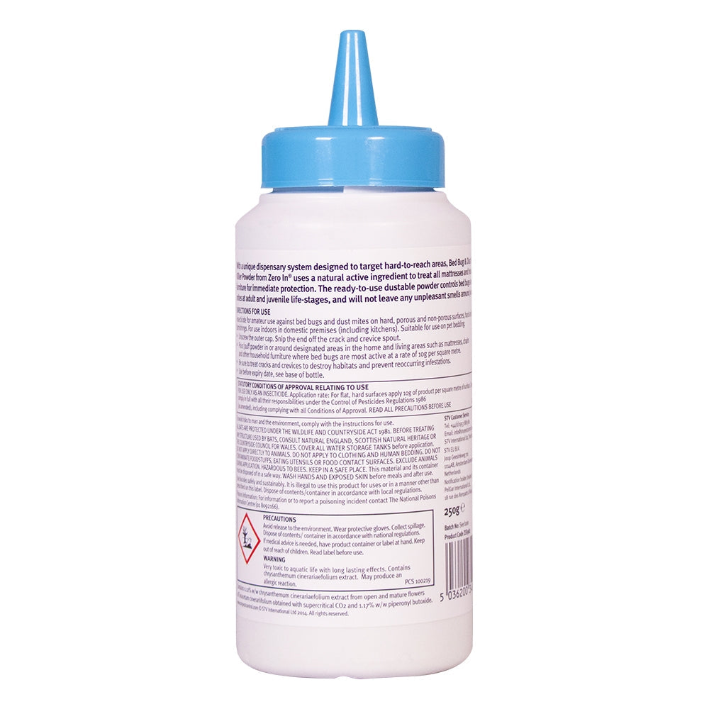 Back view of STV Bed Bug and Dust Mite Killer Powder Treatment bottle, showcasing detailed product information.