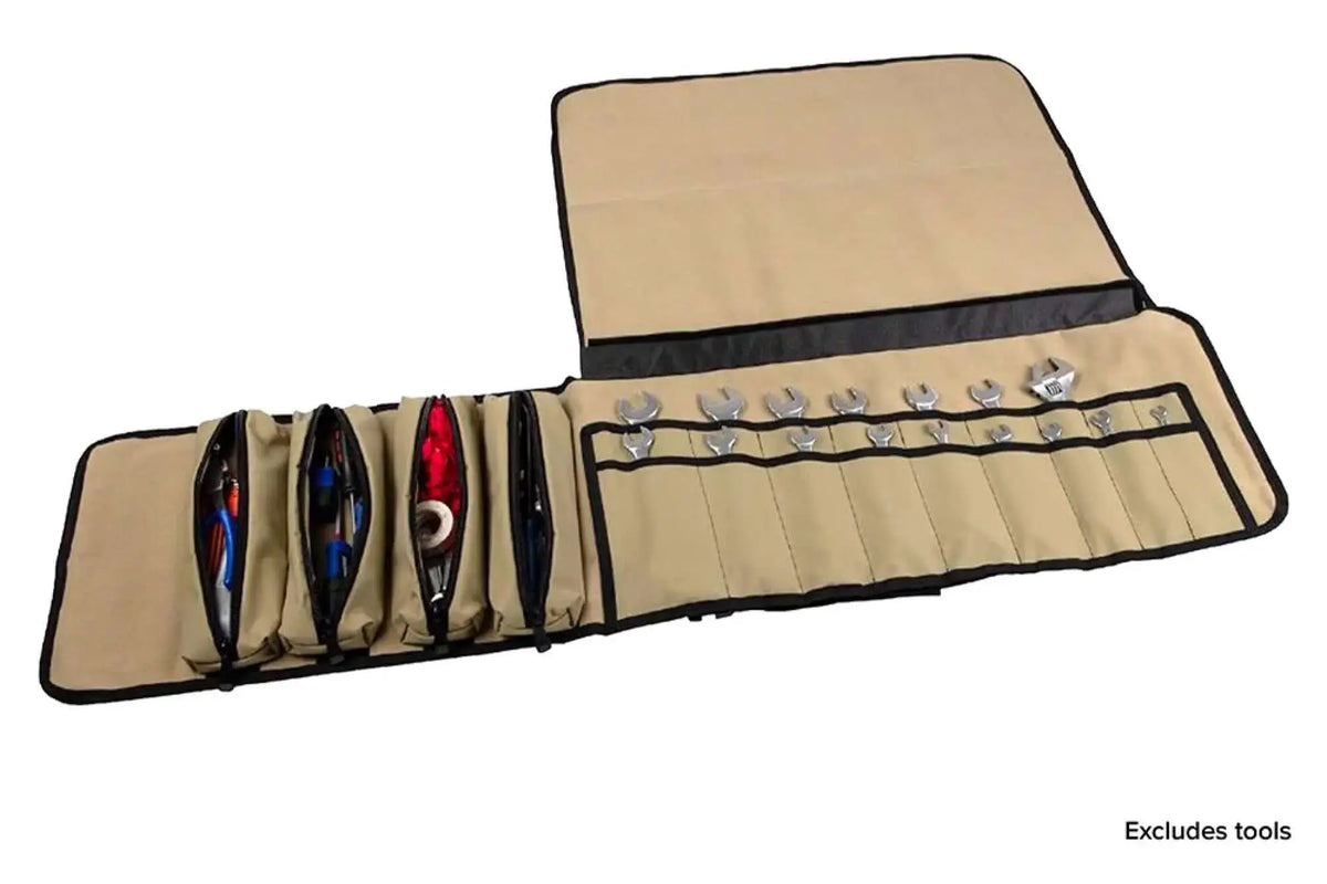 ARB Tool Roll Bag — open layout showing four removable pouches and spanner slots.