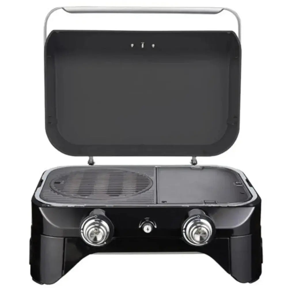 Campingaz Attitude 2100 LX Portable Gas Grill with lid open showing cooking surface, ideal for outdoor cooking and barbecues.