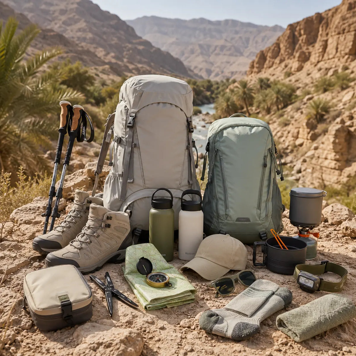 Outdoor gear deals featuring a tent, sleeping bag and boots arranged for a budget trip