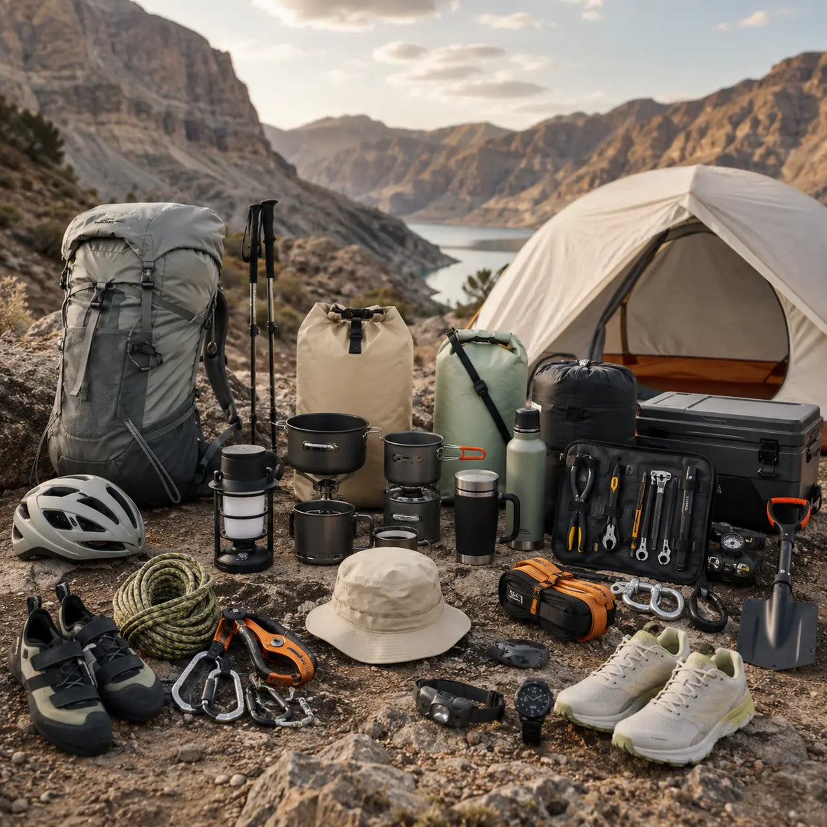 Outdoor gear brands camping equipment and titanium cookware set up on mountain